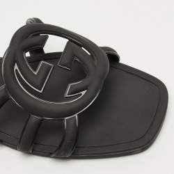 Pre Owned Gucci Black Rubber Interlocking G Flat Slides Size 40
