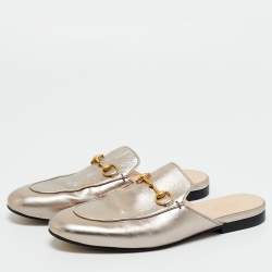 Pre Owned Gucci Silver Leather Horsebit Princetown Mules Size 38.5