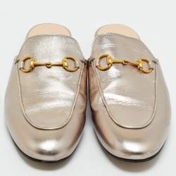 Pre Owned Gucci Silver Leather Horsebit Princetown Mules Size 38.5