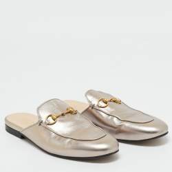 Pre Owned Gucci Silver Leather Horsebit Princetown Mules Size 38.5