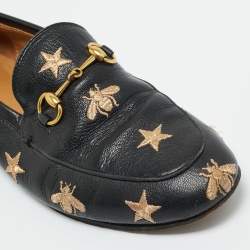 Pre Owned Gucci Black Leather Embroidered Bee Star Horsebit Slip On Loafers Size 39