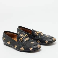 Pre Owned Gucci Black Leather Embroidered Bee Star Horsebit Slip On Loafers Size 39