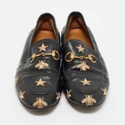 Pre Owned Gucci Black Leather Embroidered Bee Star Horsebit Slip On Loafers Size 39