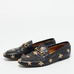 Pre Owned Gucci Black Leather Embroidered Bee Star Horsebit Slip On Loafers Size 39