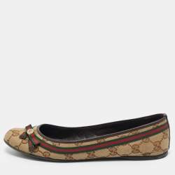 Pre Owned Gucci Beige/Brown GG Canvas And Leather Mayfair Web Bow Detail Ballet Flats Size 36.5