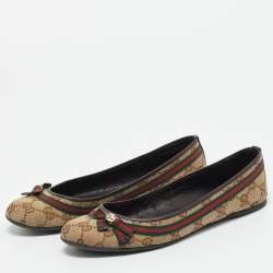 Pre Owned Gucci Beige/Brown GG Canvas And Leather Mayfair Web Bow Detail Ballet Flats Size 36.5