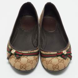 Pre Owned Gucci Beige/Brown GG Canvas And Leather Mayfair Web Bow Detail Ballet Flats Size 36.5