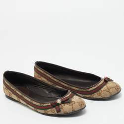 Pre Owned Gucci Beige/Brown GG Canvas And Leather Mayfair Web Bow Detail Ballet Flats Size 36.5