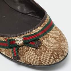Pre Owned Gucci Beige/Brown GG Canvas And Leather Mayfair Web Bow Detail Ballet Flats Size 36.5