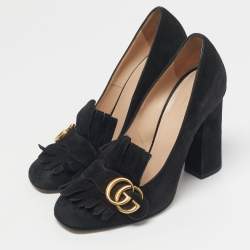 Pre Owned Gucci Black Suede GG Marmont Block Heel Pumps Size 38.5