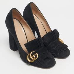 Pre Owned Gucci Black Suede GG Marmont Block Heel Pumps Size 38.5