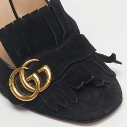 Pre Owned Gucci Black Suede GG Marmont Block Heel Pumps Size 38.5
