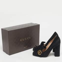 Pre Owned Gucci Black Suede GG Marmont Block Heel Pumps Size 38.5