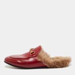 Pre Owned Gucci Red Leather and Fur Princetown Flat Mules Size 37.5