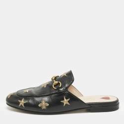 Pre Owned Gucci Black Leather Bee and Star Embroidered Princetown Flat Mules Size 37