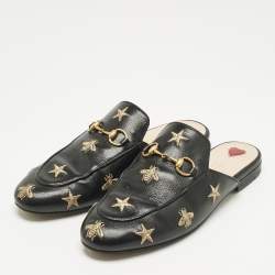Pre Owned Gucci Black Leather Bee and Star Embroidered Princetown Flat Mules Size 37