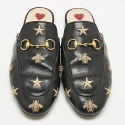 Pre Owned Gucci Black Leather Bee and Star Embroidered Princetown Flat Mules Size 37