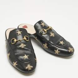 Pre Owned Gucci Black Leather Bee and Star Embroidered Princetown Flat Mules Size 37
