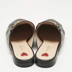 Pre Owned Gucci Black Leather Bee and Star Embroidered Princetown Flat Mules Size 37