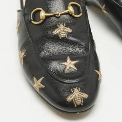Pre Owned Gucci Black Leather Bee and Star Embroidered Princetown Flat Mules Size 37