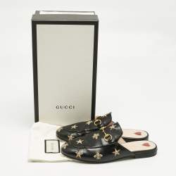 Pre Owned Gucci Black Leather Bee and Star Embroidered Princetown Flat Mules Size 37