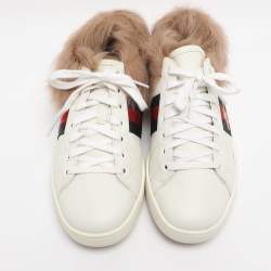 Pre Owned Gucci White Leather Fur Lined Ace Low Top Sneakers Size 38