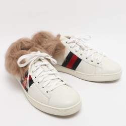 Pre Owned Gucci White Leather Fur Lined Ace Low Top Sneakers Size 38