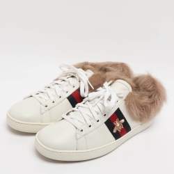 Pre Owned Gucci White Leather Fur Lined Ace Low Top Sneakers Size 38