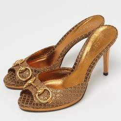 Pre Owned Gucci Bronze Diamante Fabric Horsebit Slide Sandals Size 37