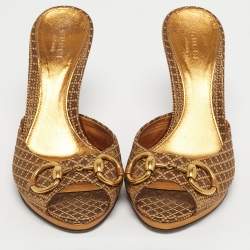 Pre Owned Gucci Bronze Diamante Fabric Horsebit Slide Sandals Size 37