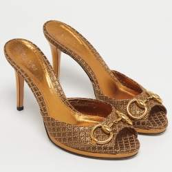 Pre Owned Gucci Bronze Diamante Fabric Horsebit Slide Sandals Size 37