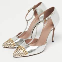 Pre Owned Gucci Silver Leather Stud Point Toe Ankle Strap Pumps Size 39.5