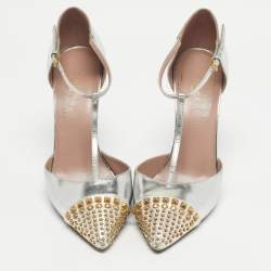 Pre Owned Gucci Silver Leather Stud Point Toe Ankle Strap Pumps Size 39.5