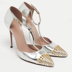 Pre Owned Gucci Silver Leather Stud Point Toe Ankle Strap Pumps Size 39.5