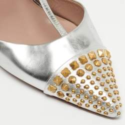 Pre Owned Gucci Silver Leather Stud Point Toe Ankle Strap Pumps Size 39.5