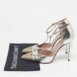 Pre Owned Gucci Silver Leather Stud Point Toe Ankle Strap Pumps Size 39.5