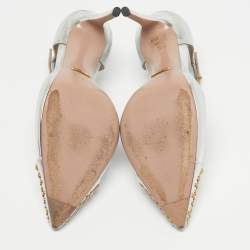 Pre Owned Gucci Silver Leather Stud Point Toe Ankle Strap Pumps Size 39.5