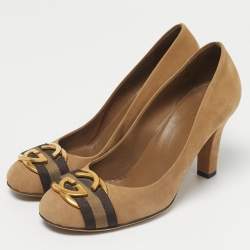 Pre Owned Gucci Beige Nubuck Leather Interlocking G Buckle Pumps Size 37