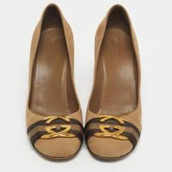 Pre Owned Gucci Beige Nubuck Leather Interlocking G Buckle Pumps Size 37