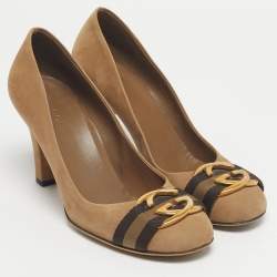 Pre Owned Gucci Beige Nubuck Leather Interlocking G Buckle Pumps Size 37