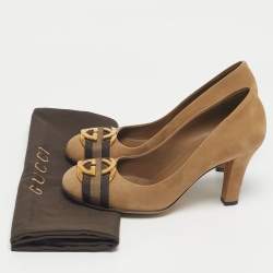 Pre Owned Gucci Beige Nubuck Leather Interlocking G Buckle Pumps Size 37
