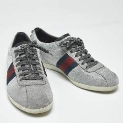 Pre Owned Gucci Silver Glitter Web Low Top Sneakers Size 38
