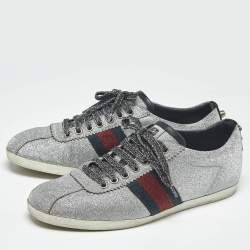 Pre Owned Gucci Silver Glitter Web Low Top Sneakers Size 38