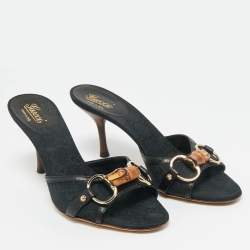 Pre Owned Gucci Black Canvas and Leather GG Horsebit Slide Sandals Size 35.5