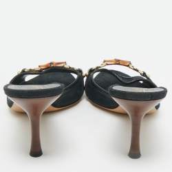 Pre Owned Gucci Black Canvas and Leather GG Horsebit Slide Sandals Size 35.5