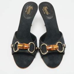 Pre Owned Gucci Black Canvas and Leather GG Horsebit Slide Sandals Size 35.5