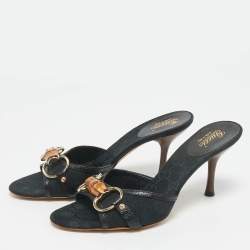 Pre Owned Gucci Black Canvas and Leather GG Horsebit Slide Sandals Size 35.5