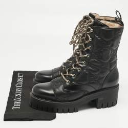 Pre Owned Gucci Black Leather GG Combat Boots Size 39