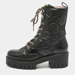 Pre Owned Gucci Black Leather GG Combat Boots Size 39