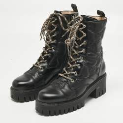 Pre Owned Gucci Black Leather GG Combat Boots Size 39